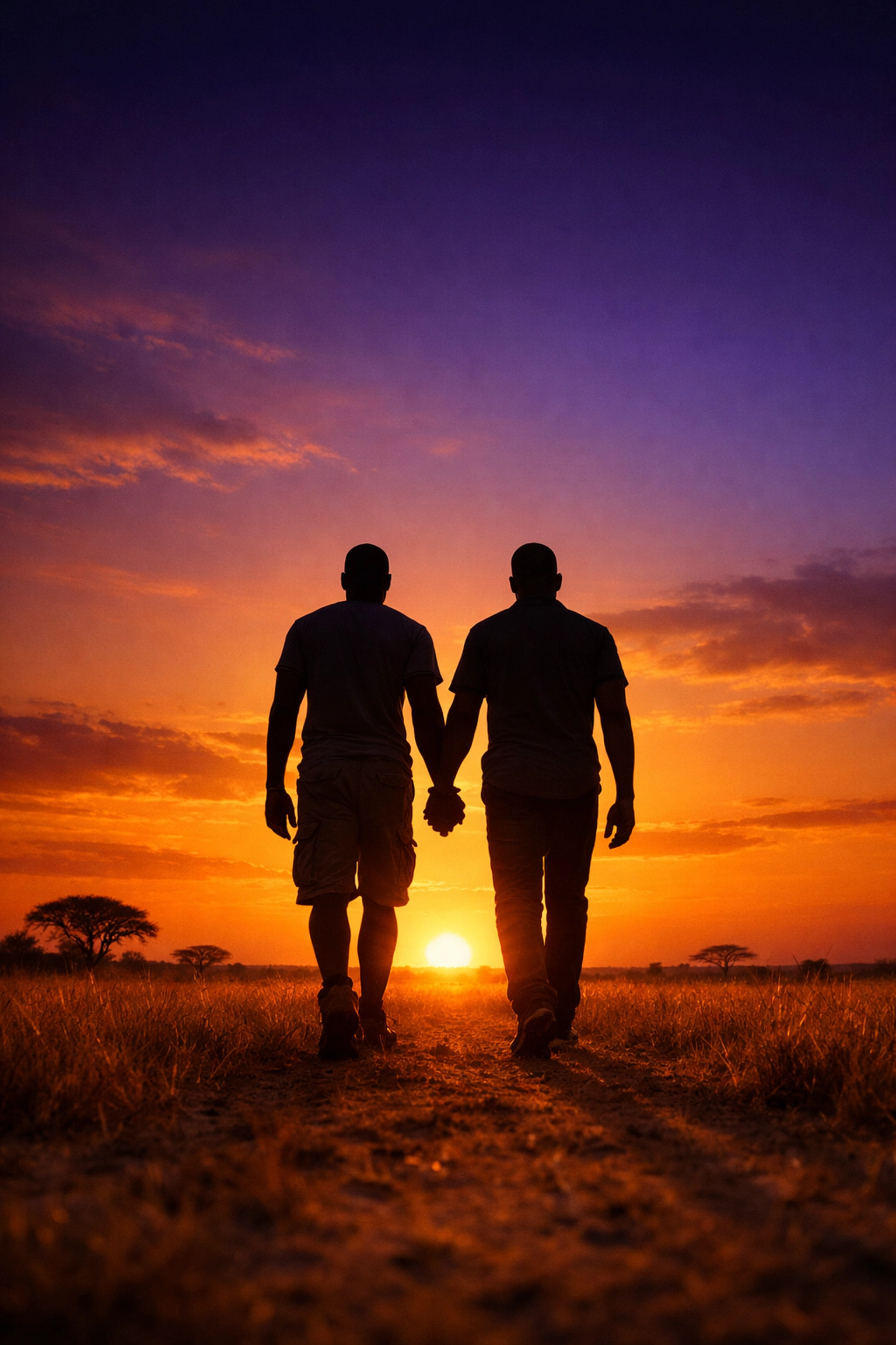 Two African men walking hand-in-hand across a savannah, symbolizing new LGBTQ+ legal freedoms.