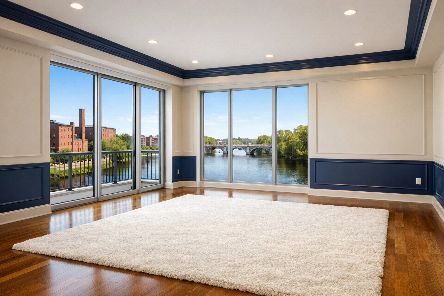 Pristine, move-in ready Lowell condominium living room with polished floors and historic canal views.