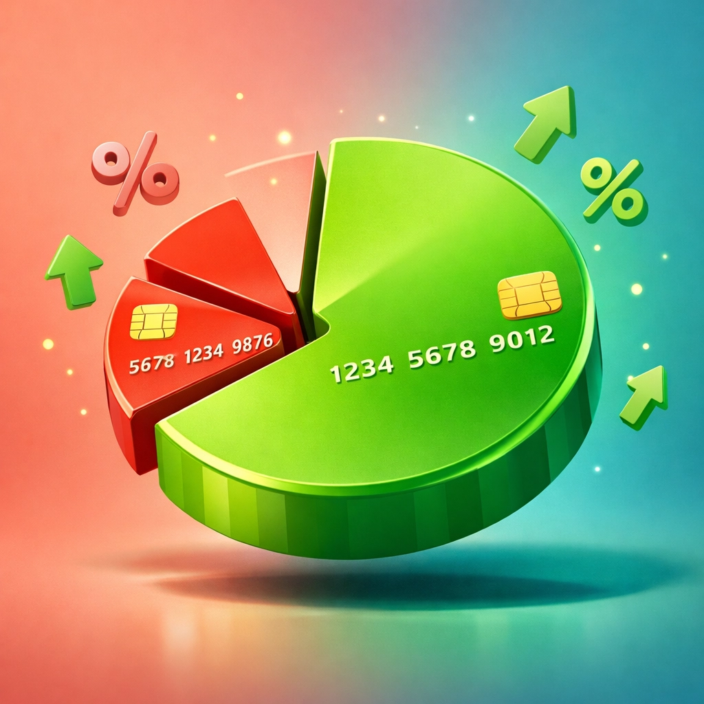 Credit card utilization visual showing debt reduced to under 30 percent