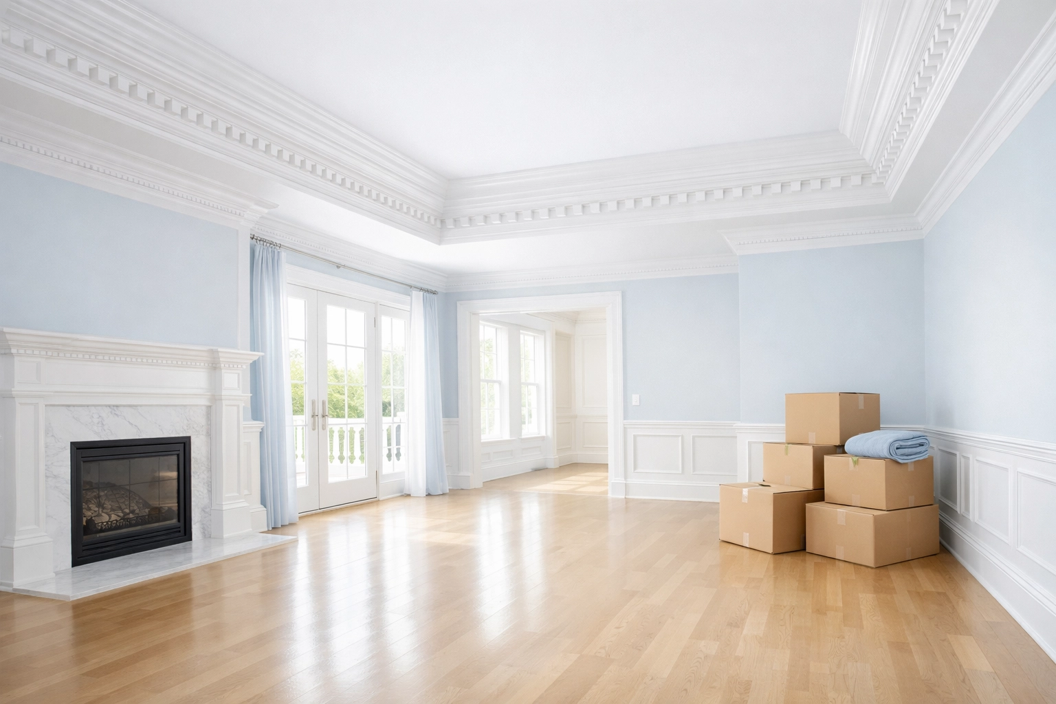 Empty luxury living room in Newton with spotless crown molding after move-in cleaning services.
