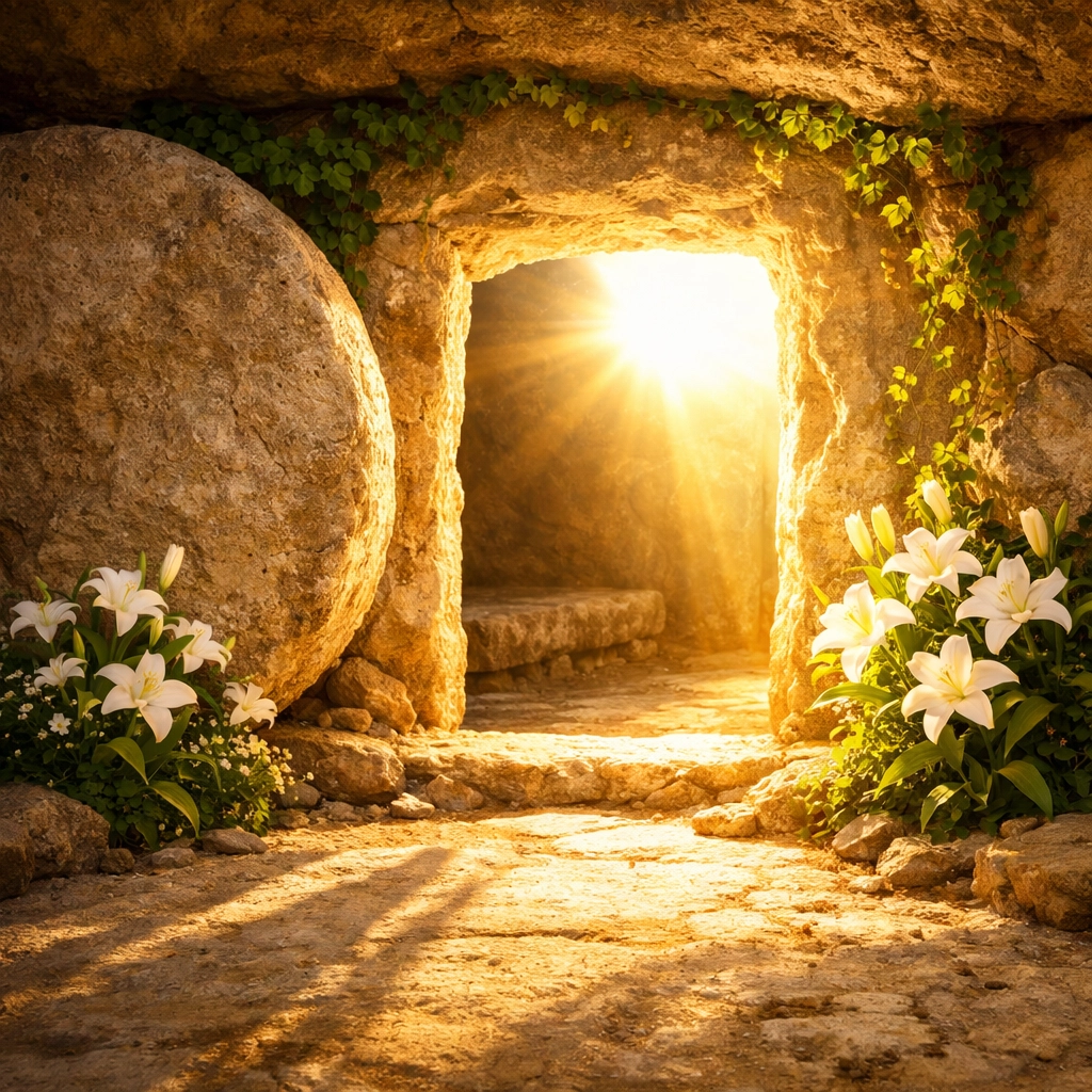 Empty stone tomb with rolled away stone bathed in morning light depicting Jesus' resurrection victory