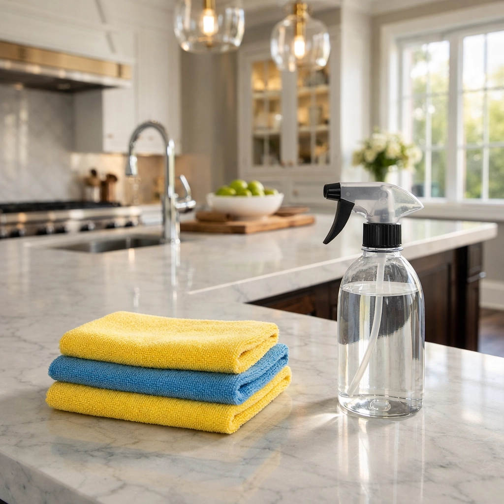 Professional house cleaning supplies on a marble island in a luxury Westborough kitchen.