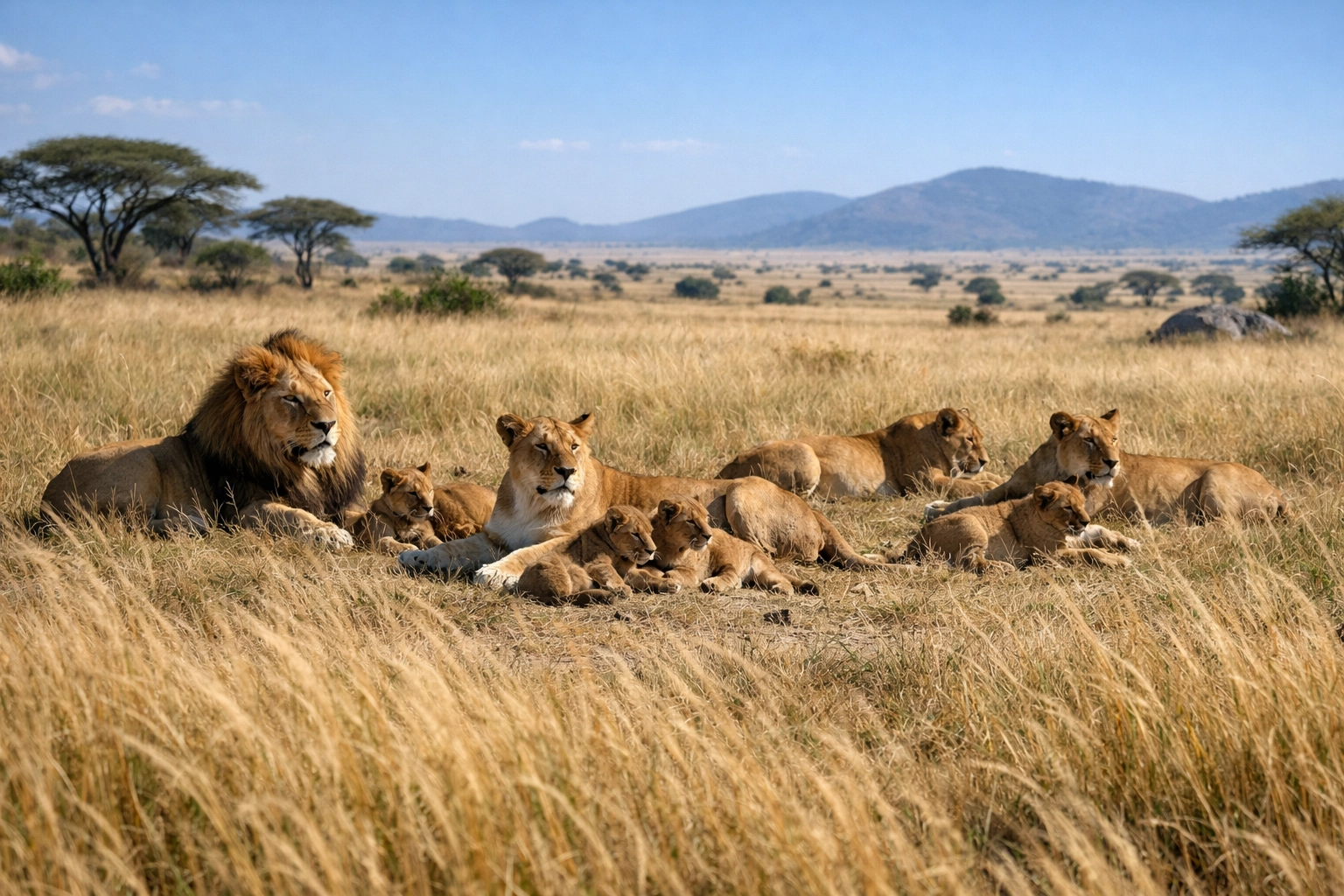 A pride of lions in a naturalistic habitat, demonstrating ethical wildlife marketing and animal welfare focus.
