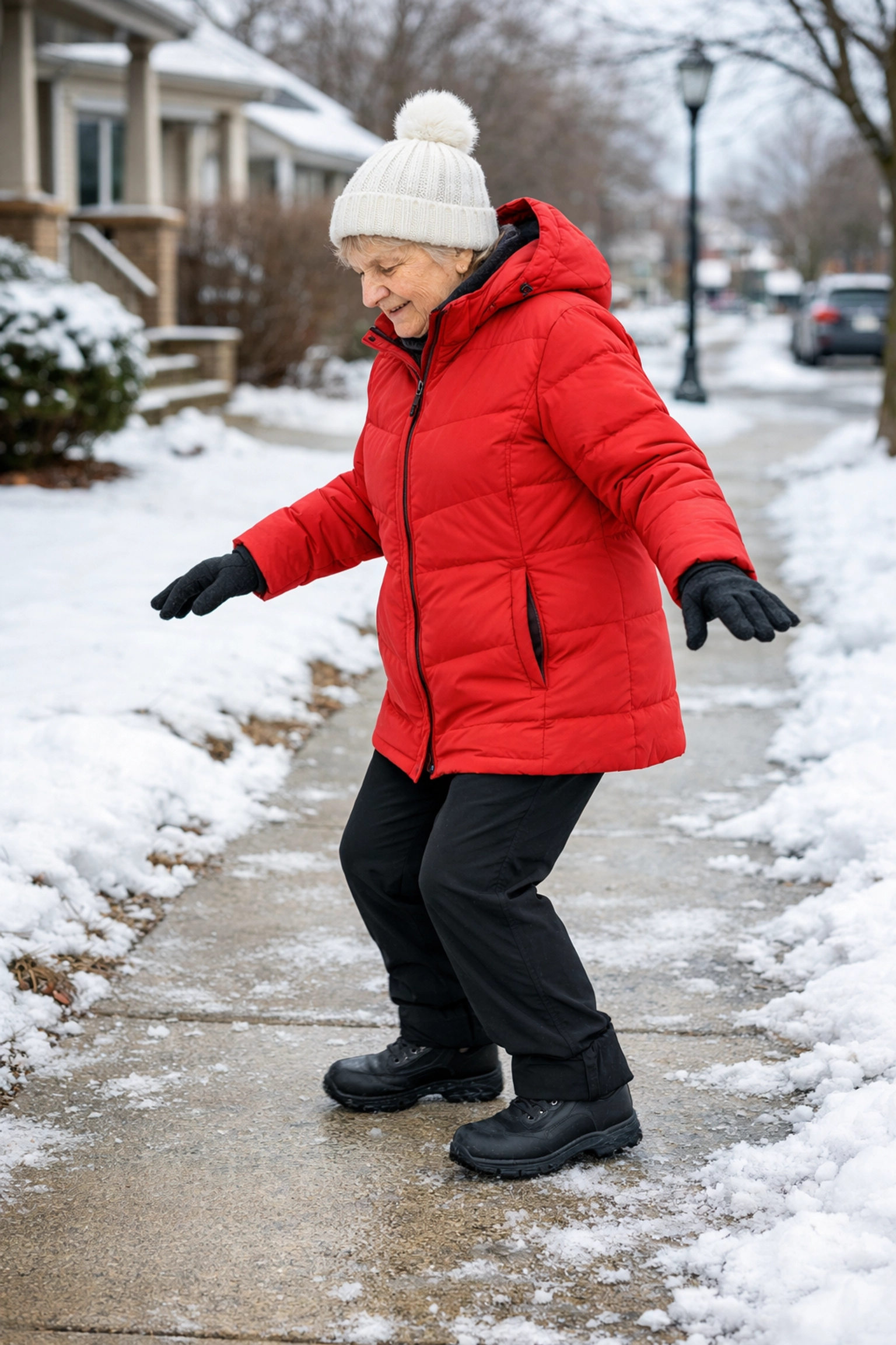 Senior woman demonstrating penguin walk technique for safe winter walking