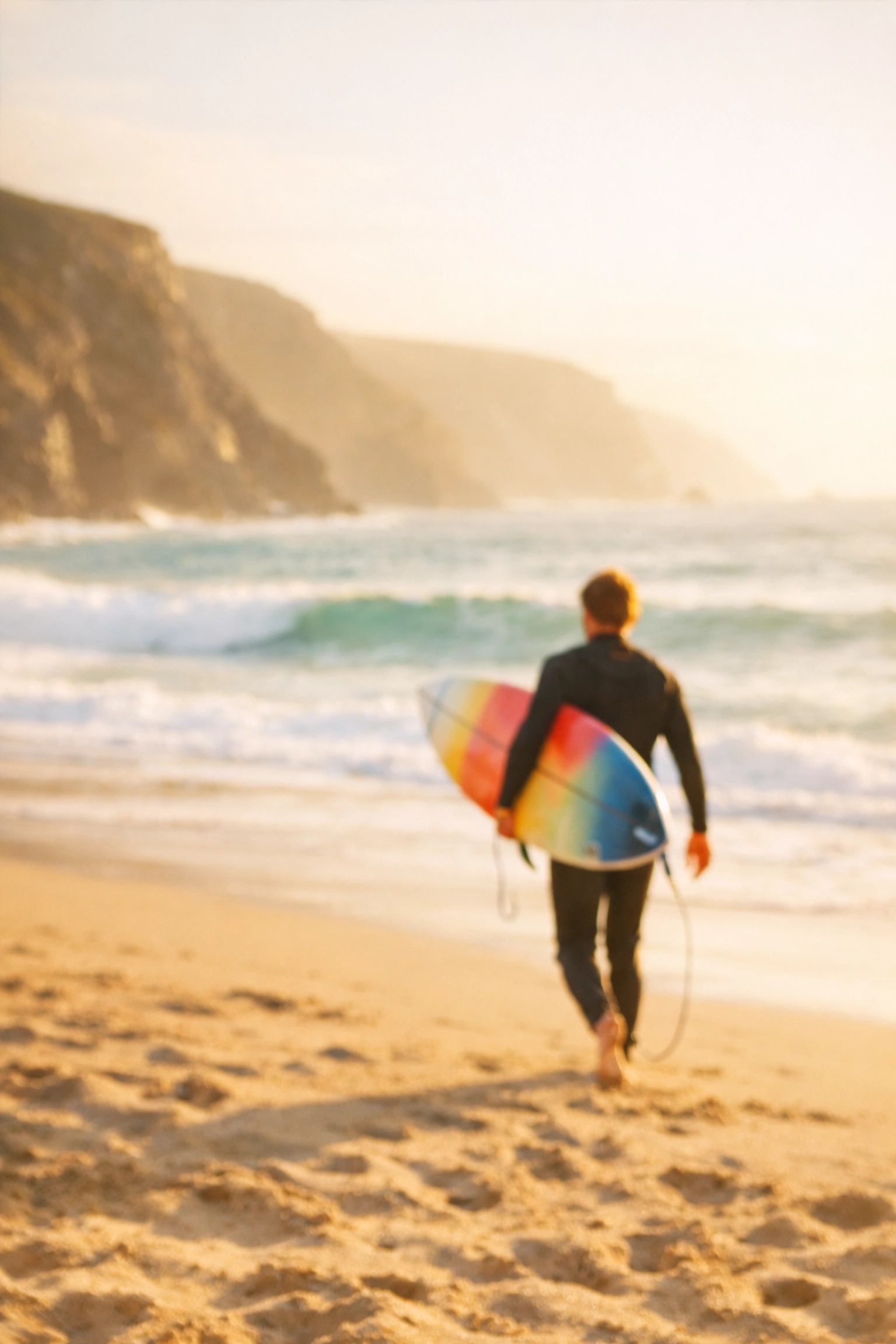 Surfer carrying surfboard on Porthtowan Beach with dramatic cliffs in background