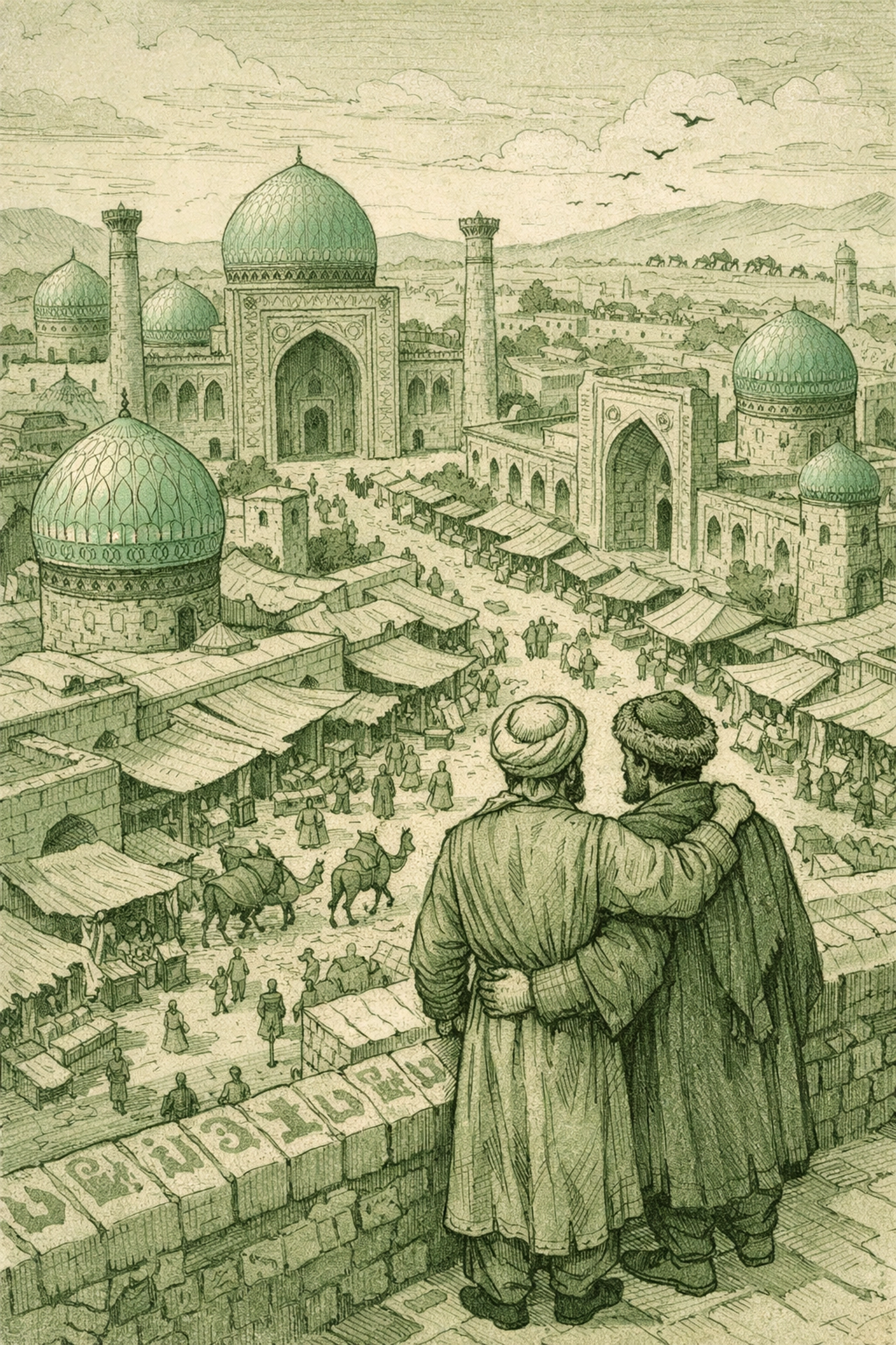 Gay couple overlooking historic Samarkand cityscape along the Silk Road at sunset