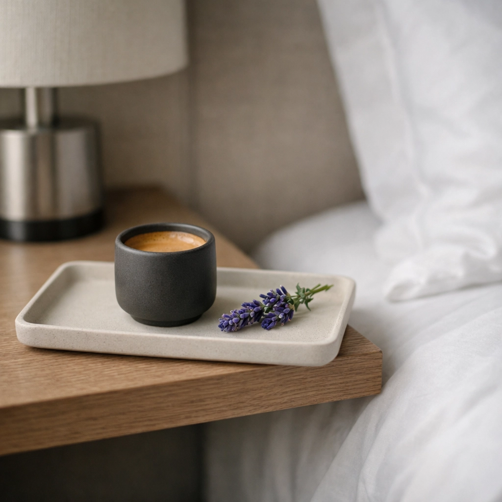 A luxury hotel bedside with an espresso and lavender reflecting an intelligent guest profile.