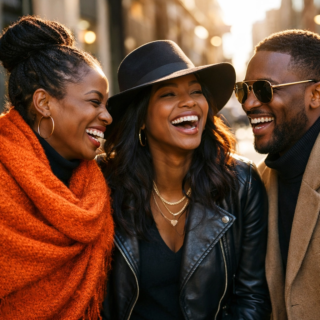 Joyful Black friends showcasing fashion accessories like hats and wraps from Black-owned brands.