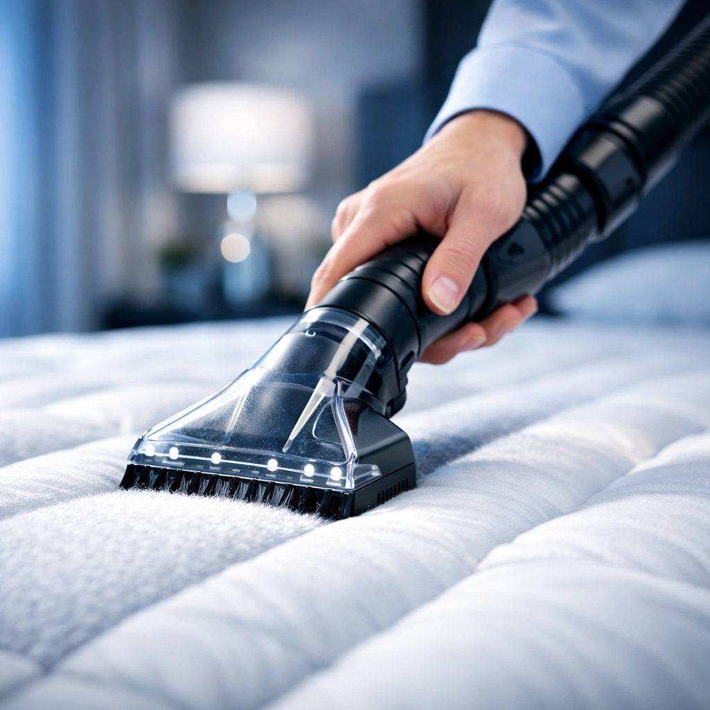 Using a vacuum cleaner attachment on a mattress to remove dust and maintain bedroom hygiene.