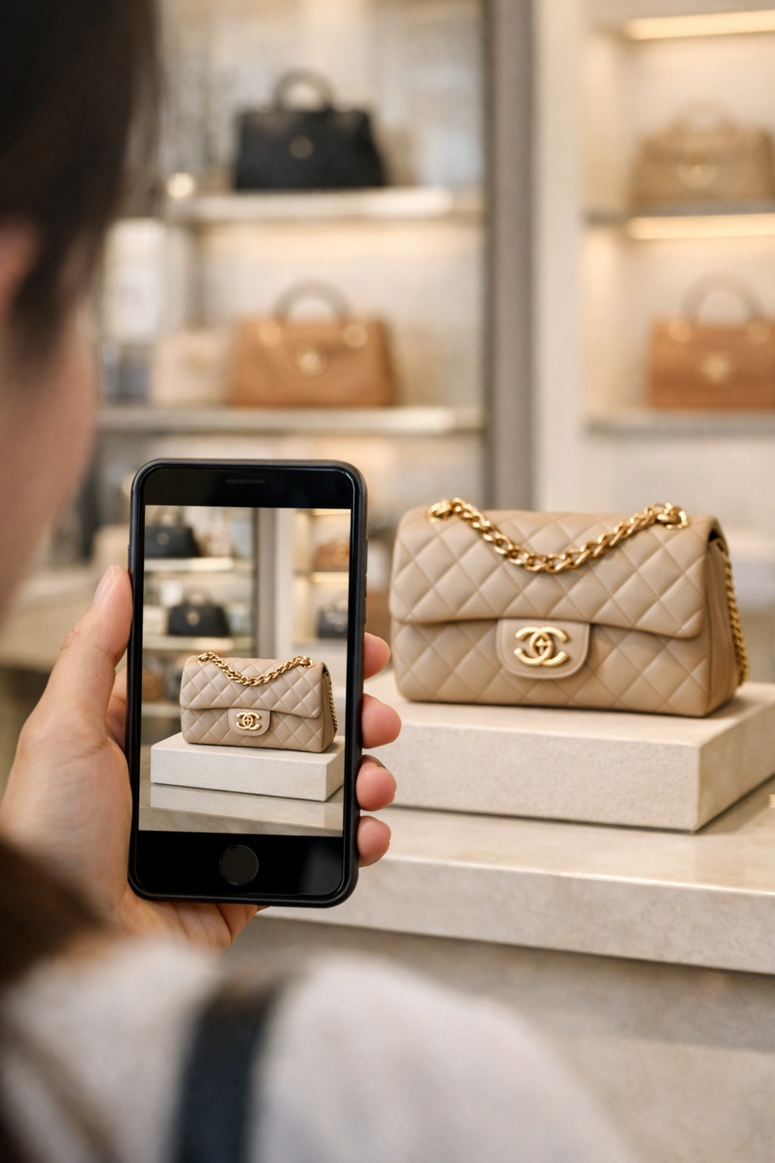 Shopper using AR portal on smartphone to view luxury handbag details in high-end boutique