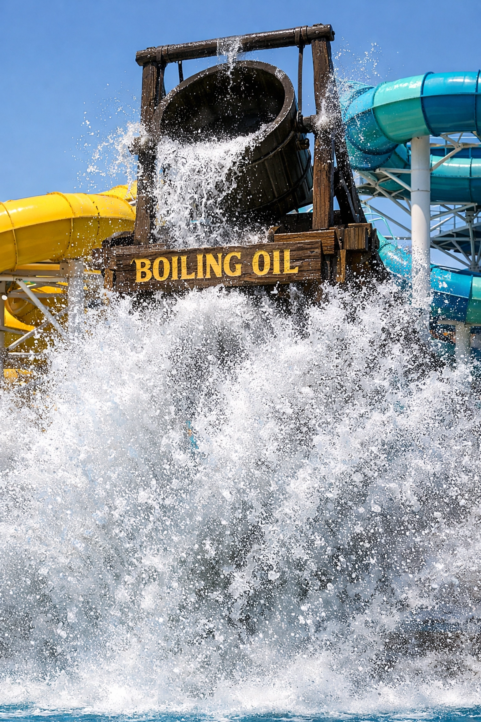Action photo of the giant water bucket splash at Nagashima Spa Land Jumbo Pool, a vibrant summer photo spot.