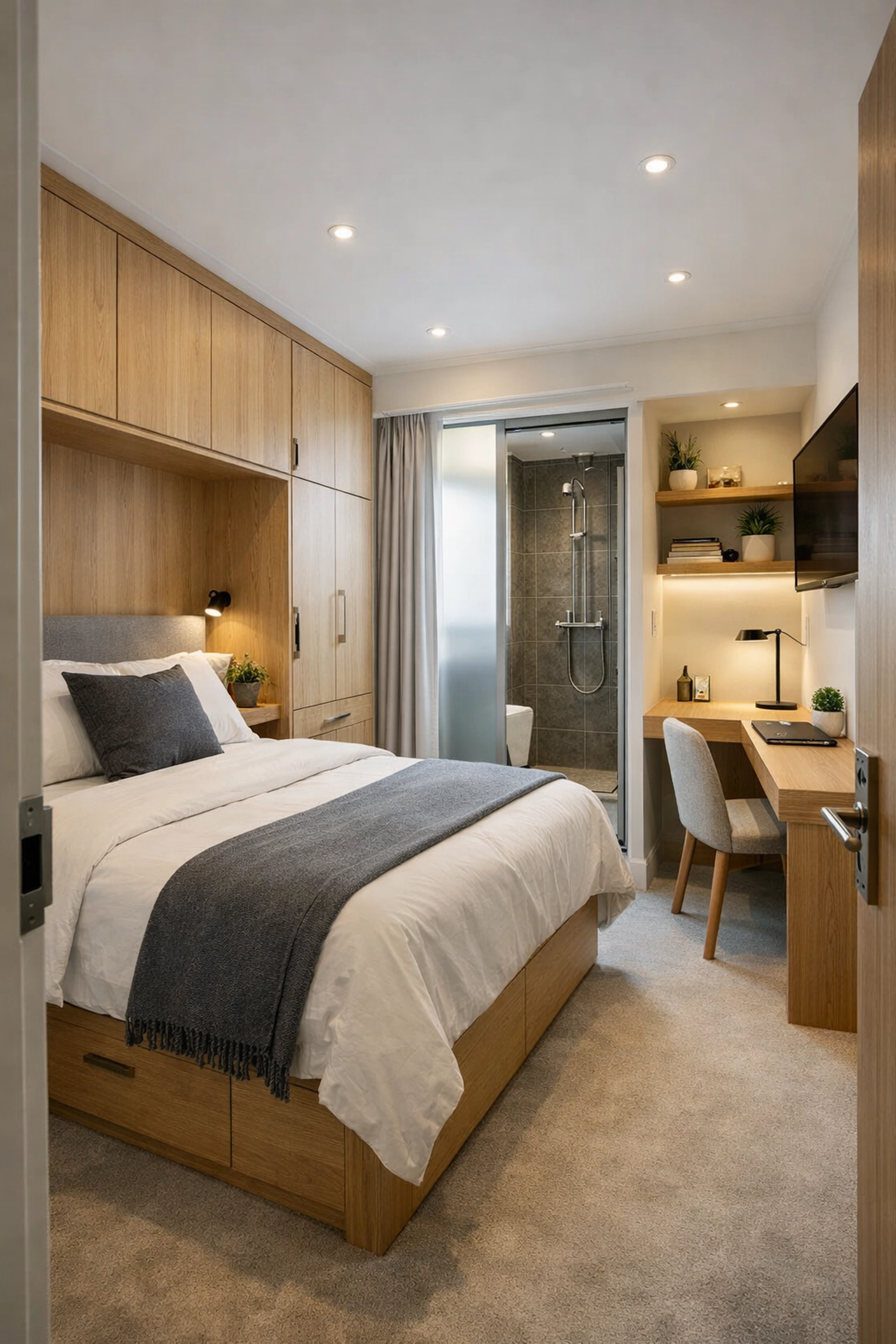 Modern HMO bedroom design in London featuring space-saving storage and an ensuite to maximize rentable square footage.