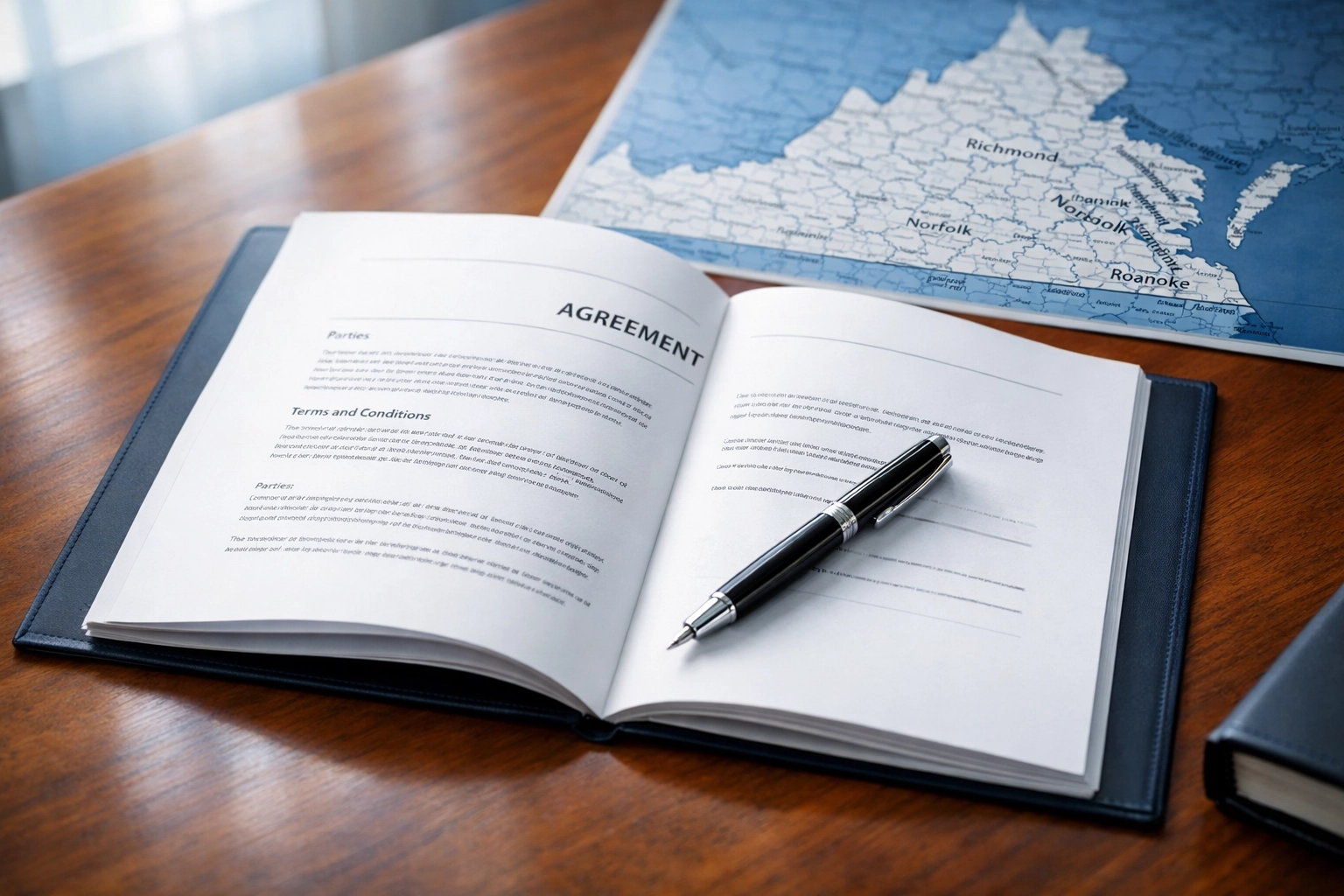 Virginia custody case legal documents and state map on attorney desk