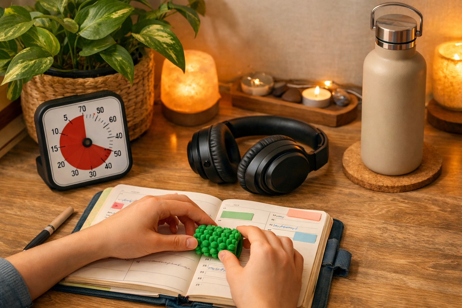 A sensory-friendly routine setup with a visual timer, headphones, and fidgets, showing sustainable habits that fit neurodivergent life.