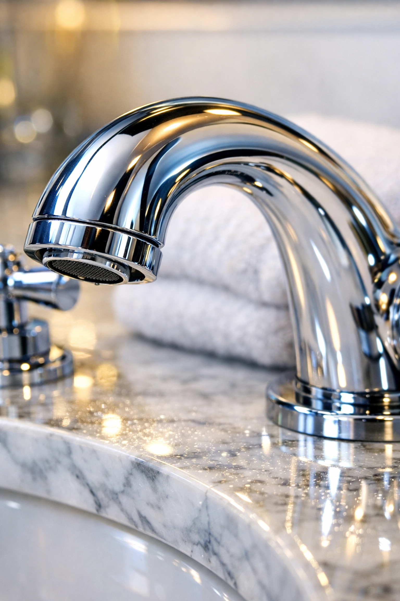 Polished chrome faucet and marble vanity highlighting detailed residential cleaning Massachusetts.