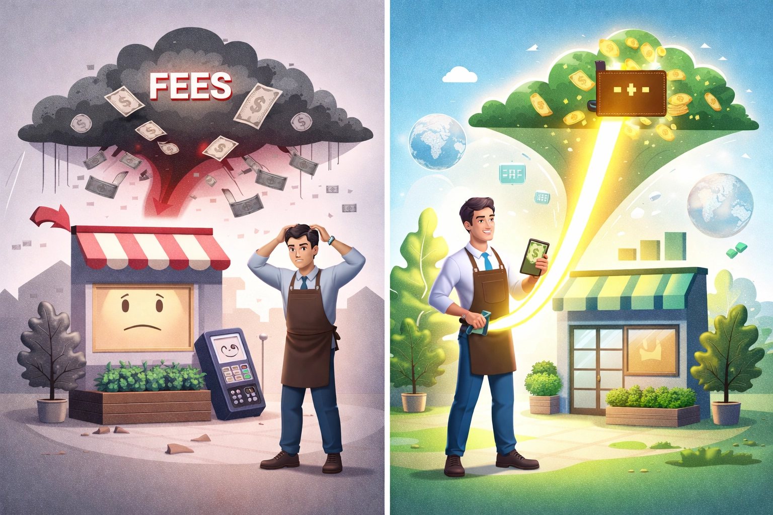 Split-screen showing frustrated merchant losing money to fees versus a confident merchant growing sales with lower interchange fees, highlighting Web3 payment benefits.