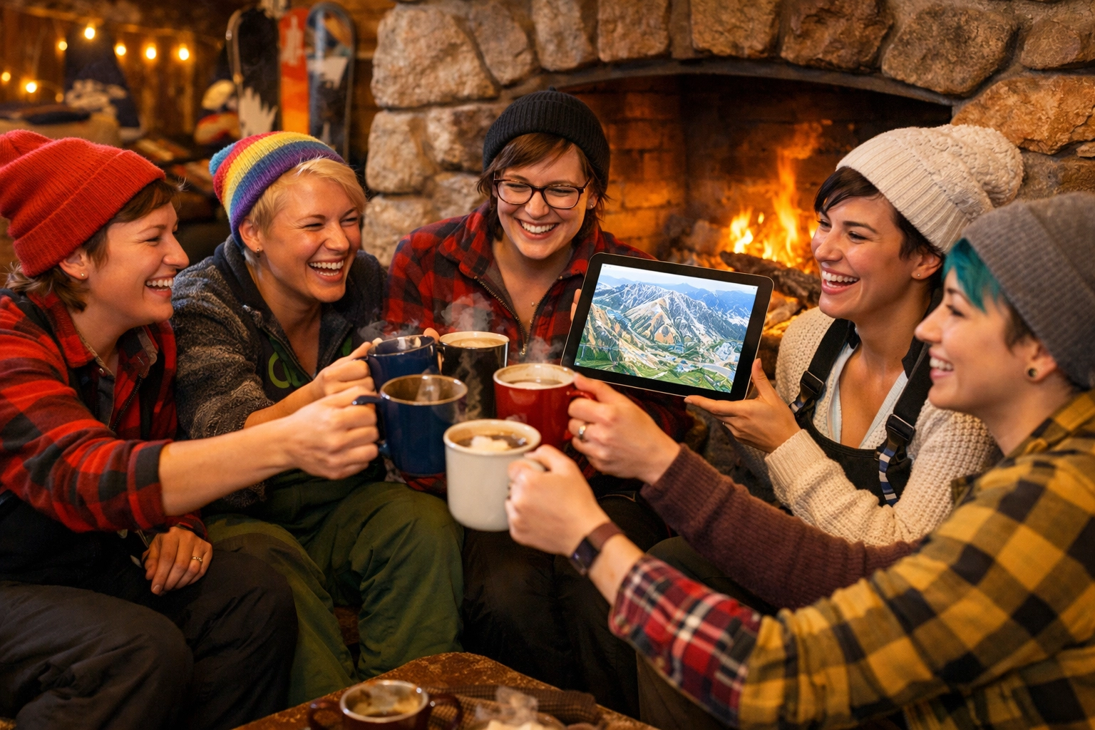 Inclusive group of queer and non-binary people socializing by a lodge fireplace after participating in winter sports.