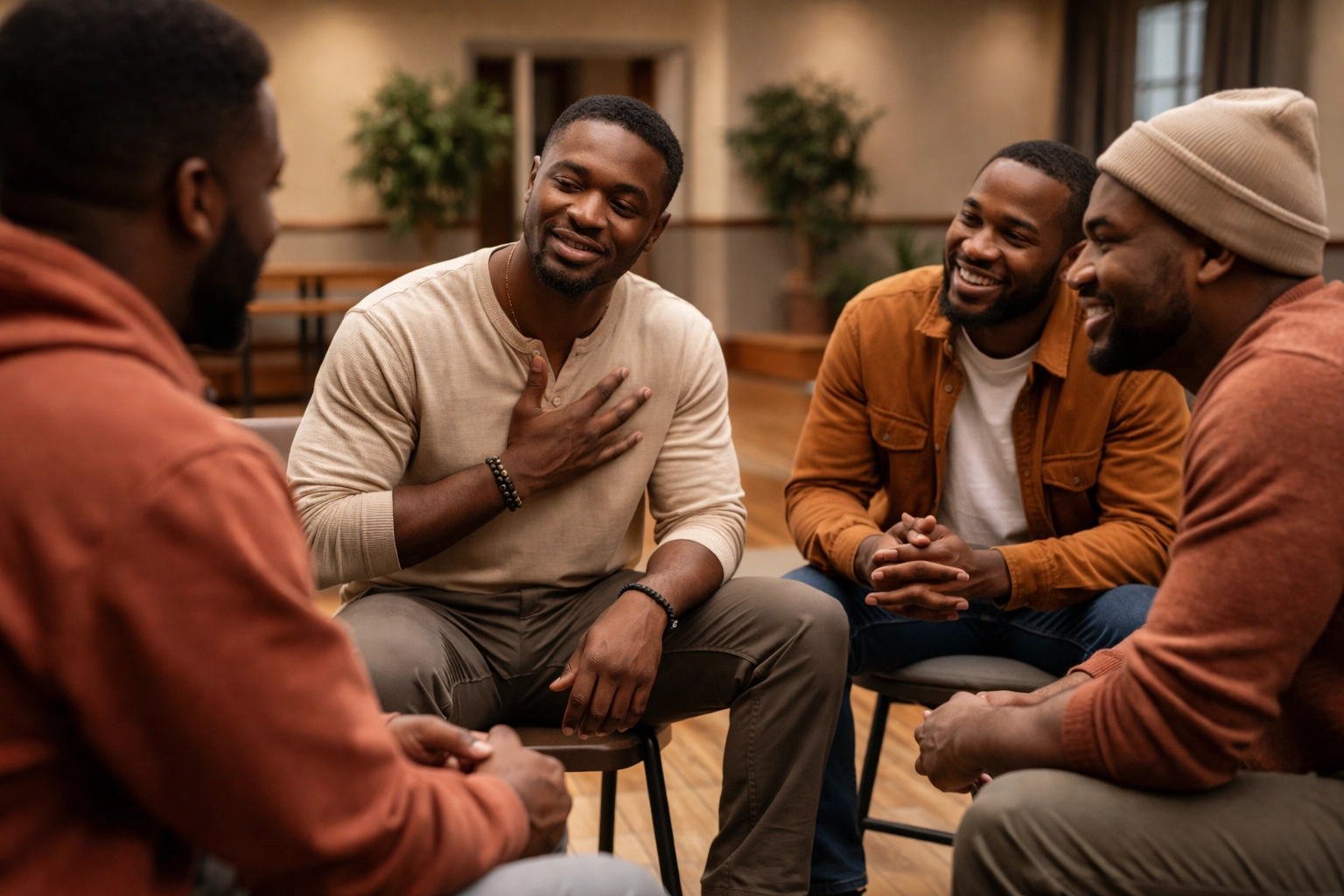 Group of Black men in supportive discussion circle, highlighting community healing for Black male resilience.