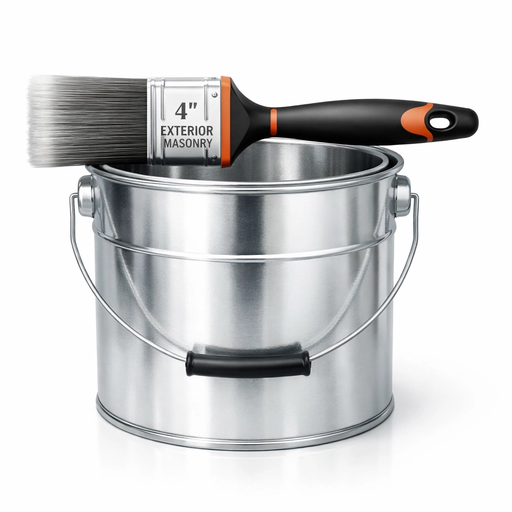 Professional masonry brush and paint kettle used by expert exterior decorators in Gloucestershire.