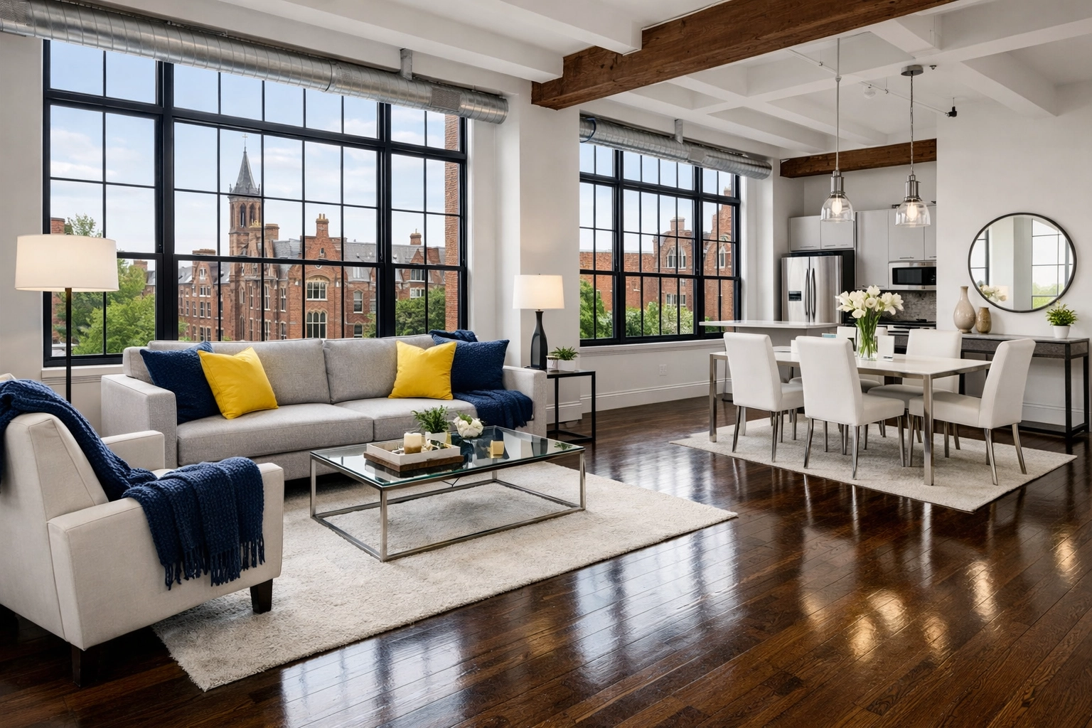 Spotless luxury living room in a Cambridge loft after a professional apartment turnover cleaning.