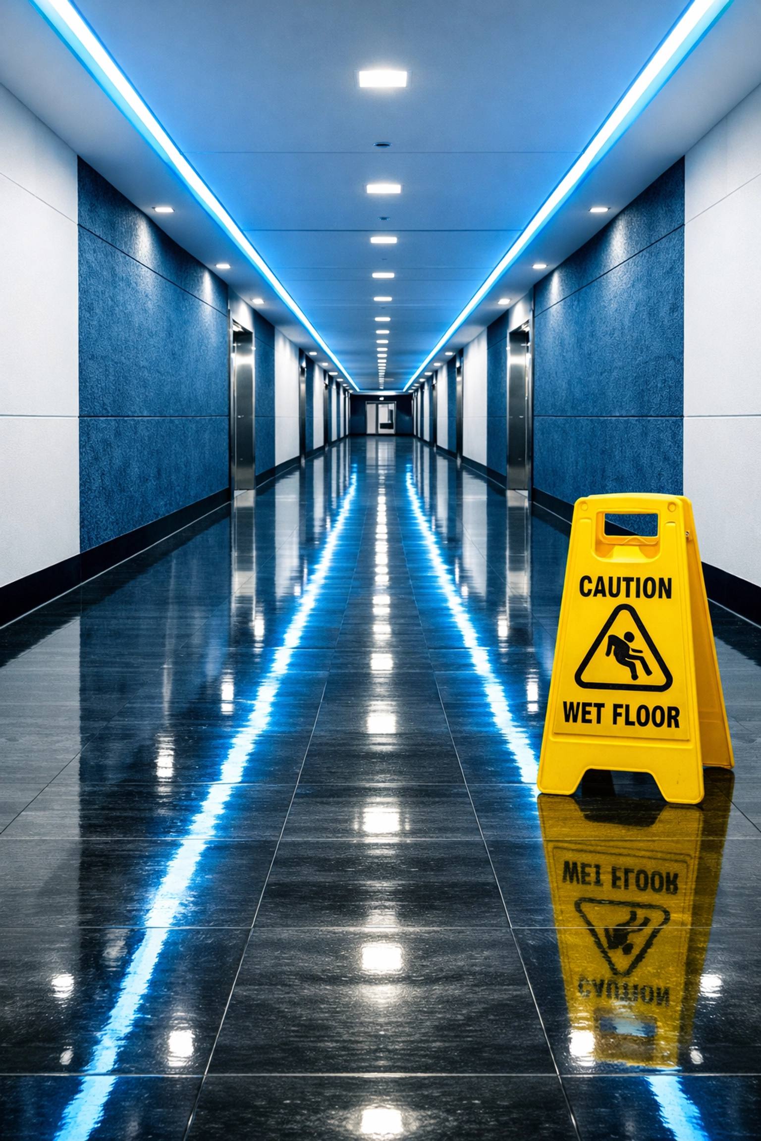 Professionally cleaned commercial building hallway in Scituate, MA, with shining floors and safety protocols.