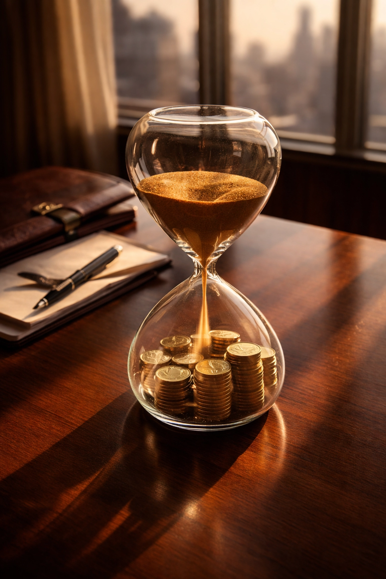 An hourglass with gold sand and stacked coins highlights the long-term commitment of institutional alternative investments.