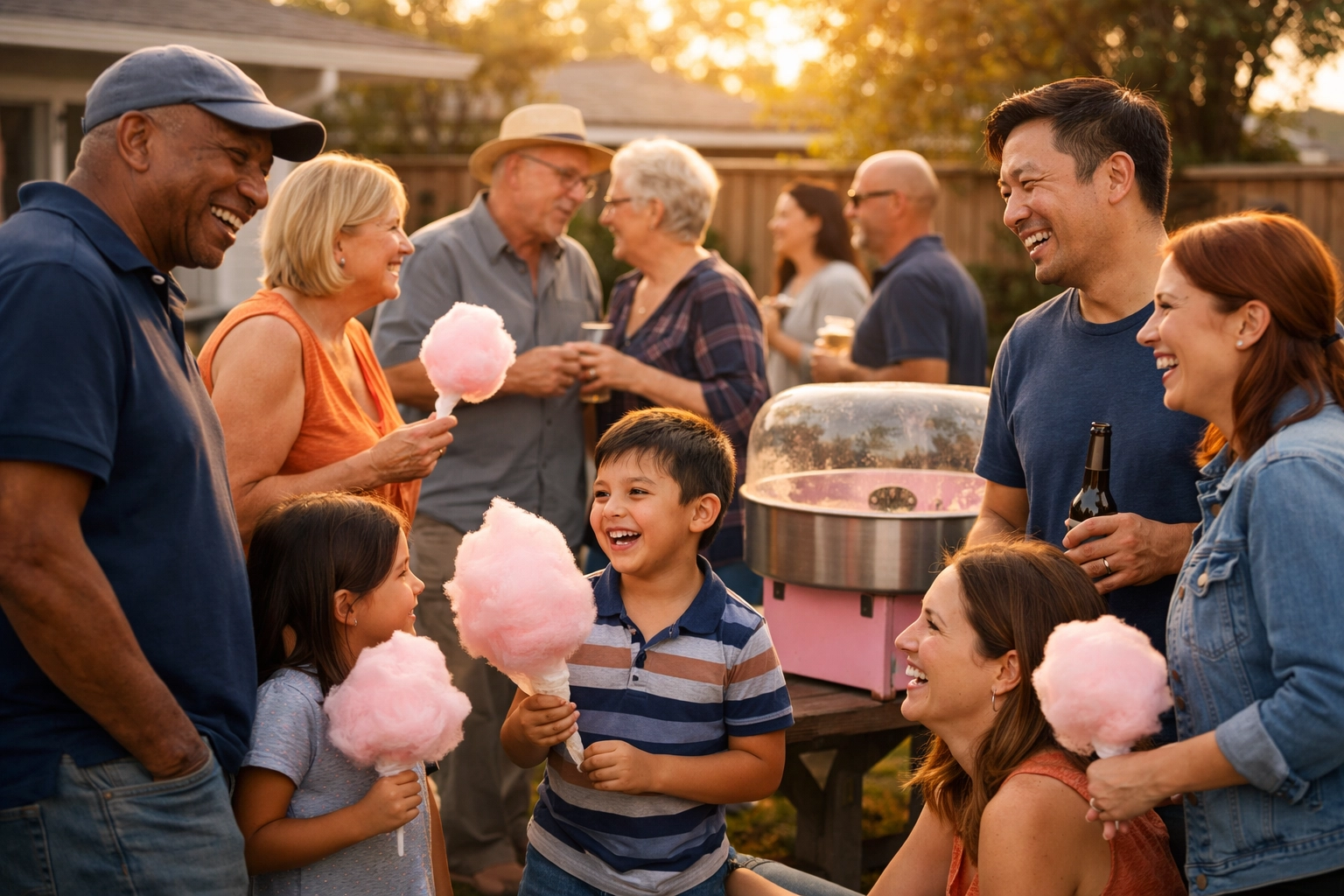 Neighbors gathering in backyard for spontaneous Tuesday cotton candy party