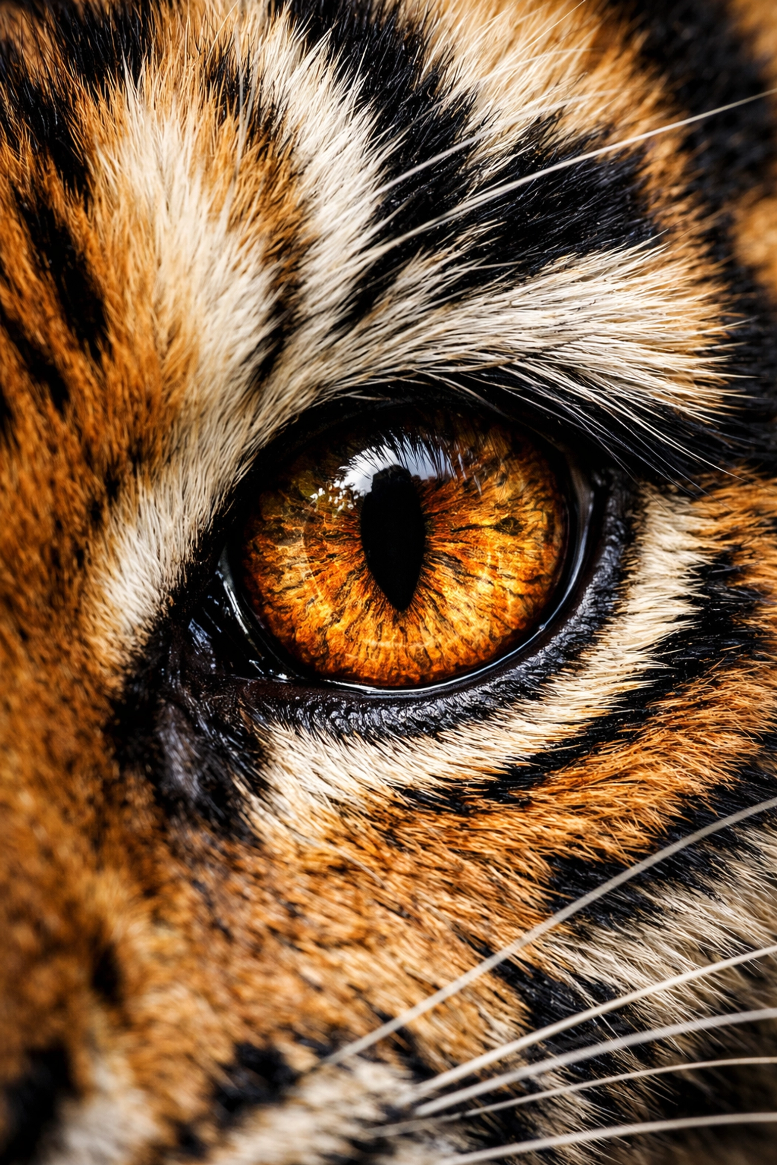 Detailed close-up of a tiger's eye and whiskers, highlighting texture for professional zoo photography.