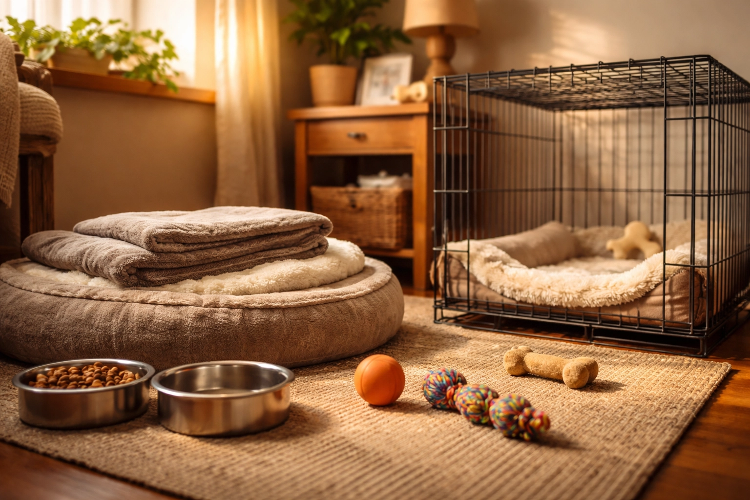 A cozy, dog-friendly living room corner prepared for fostering, with a comfy bed, crate, and pet supplies.