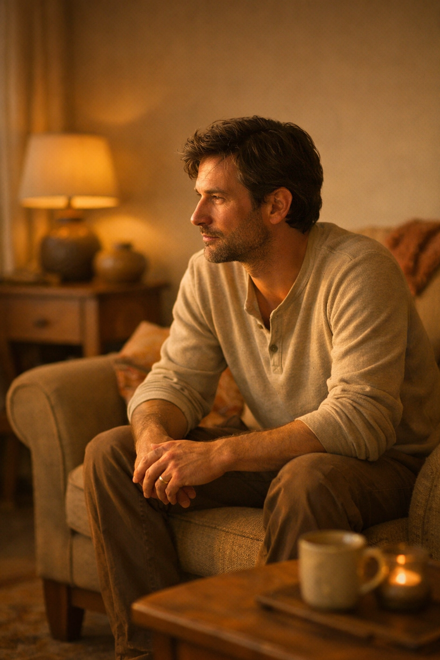 Gondolkodó férfi a szobában, aki a pornófüggőség lelki okait és az intimitást mérlegeli.