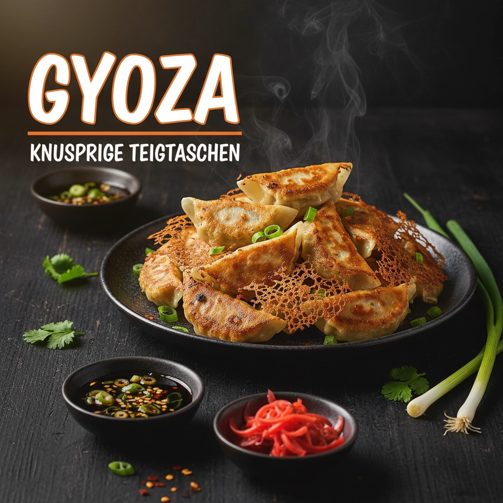Gyoza-Teigtaschen angebraten, auf stilvollem Teller, Dips nebenbei