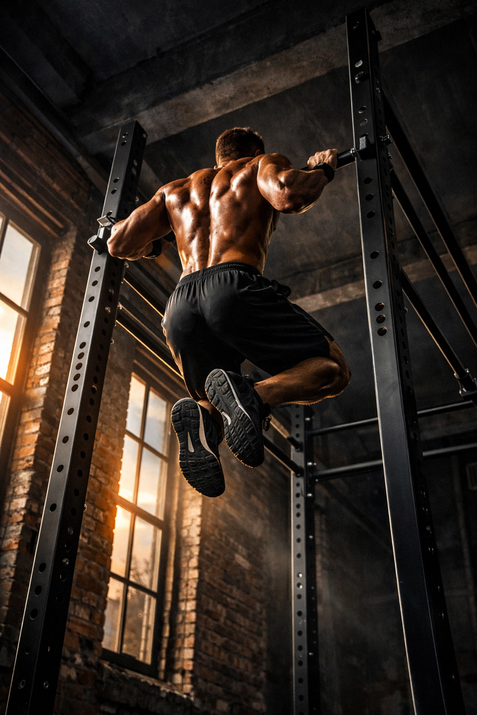 Athlete performing an explosive muscle-up on a floor to ceiling calisthenics gym system in a modern home.
