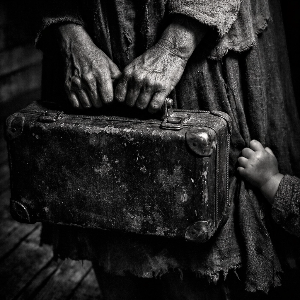 Gladys-like hands gripping a worn suitcase and child’s hand, symbolizing the Presleys’ 1938 upheaval