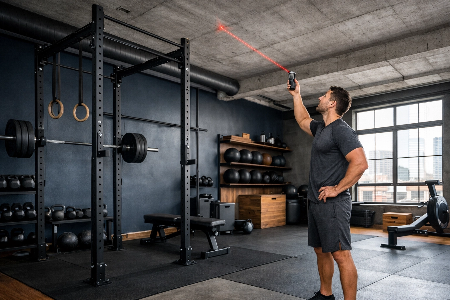 Athlete measuring ceiling clearance for a floor to ceiling gym system in an industrial home gym.