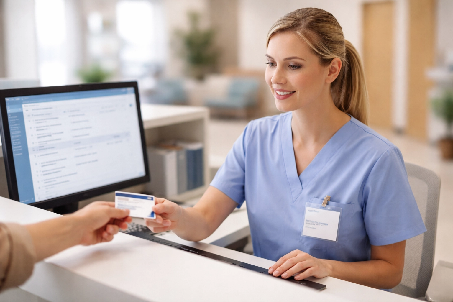 Medical receptionist verifying patient insurance information at the front desk for accurate healthcare billing.