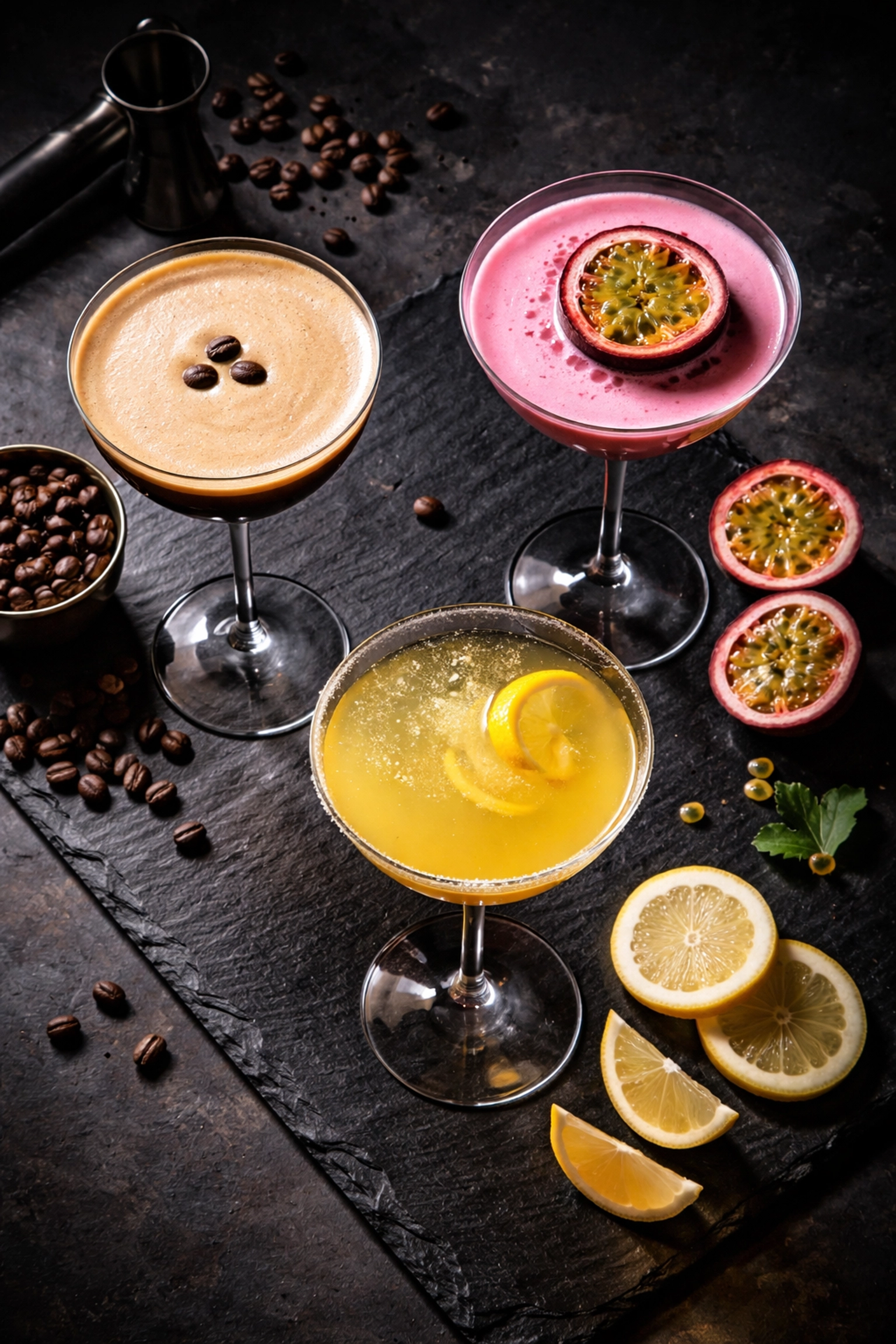 Three creative martini variations: espresso, passion fruit, and lemon drop: served stylishly for craft cocktail inspiration
