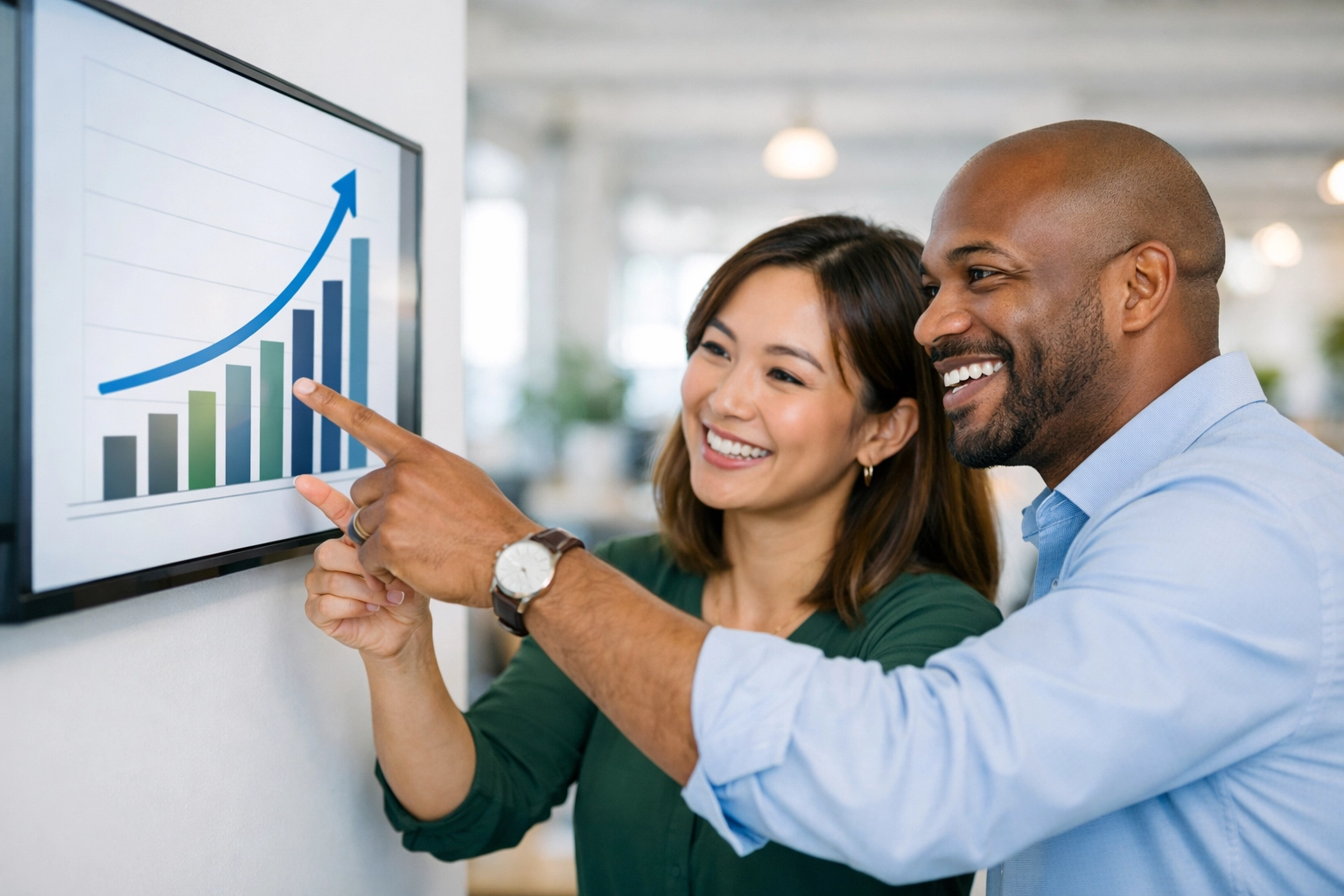 Marketing and sales teams analyzing lead generation funnel trends on a shared office monitor.
