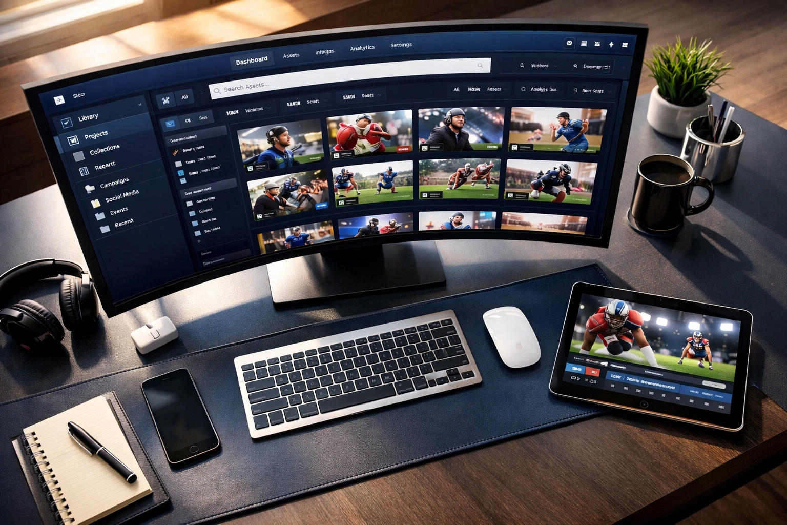 Sports marketing workspace with media asset management dashboard displaying organized video files