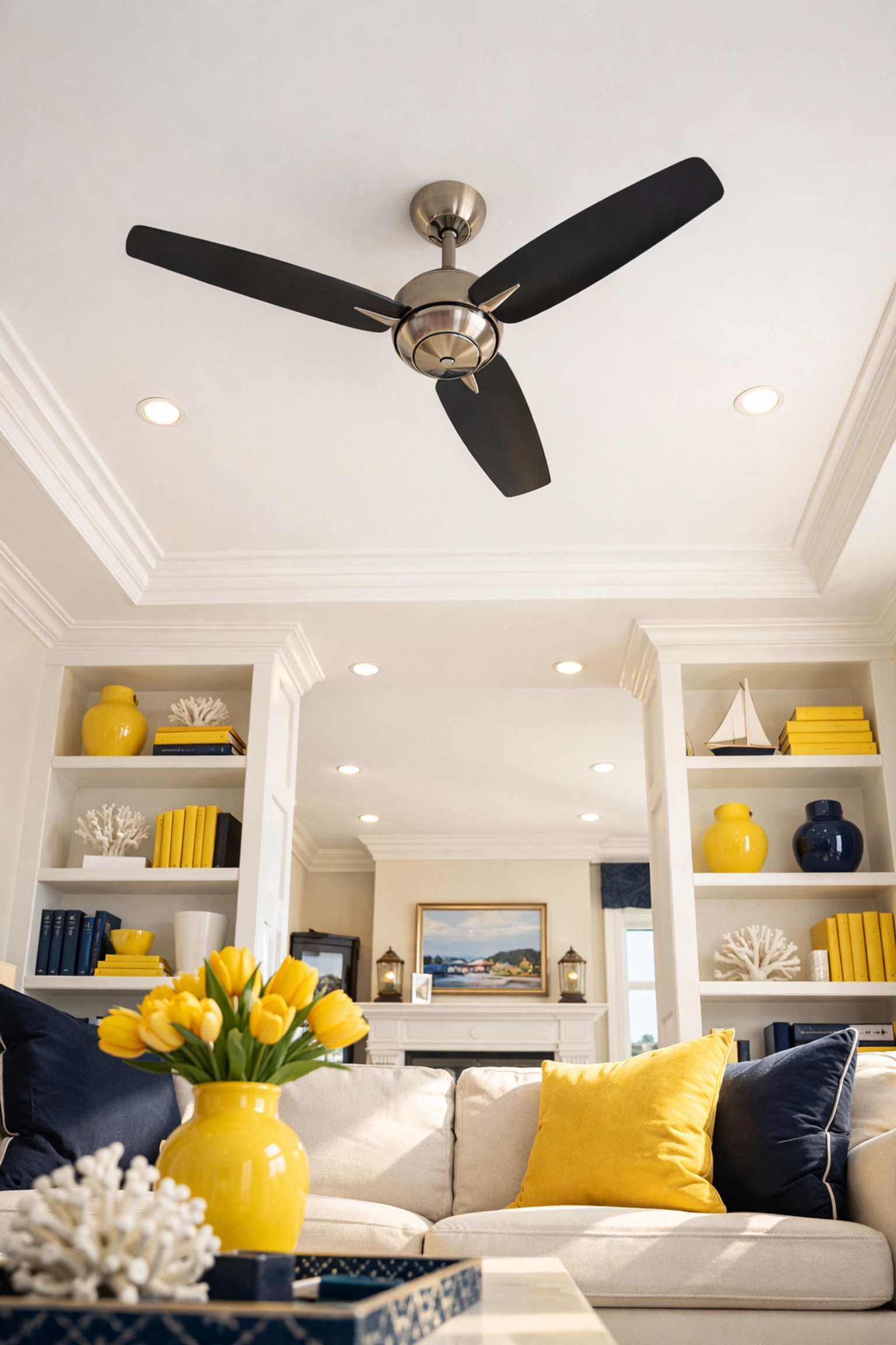 Pristine Lunenburg living room illustrating the high-to-low cleaning method from ceiling to floor.