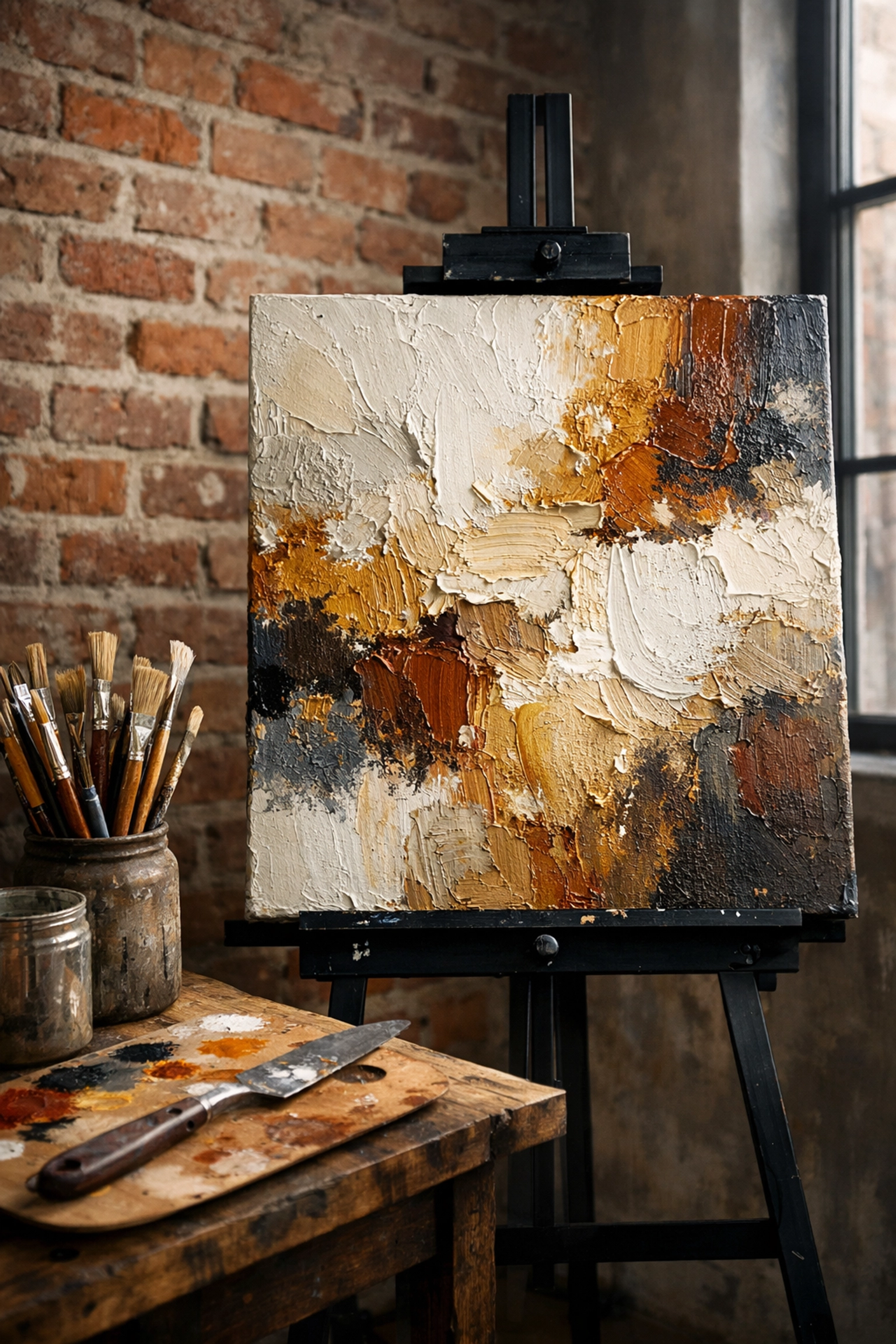 A fine art canvas on an easel in a gallery studio during San Diego Art Gallery Month.