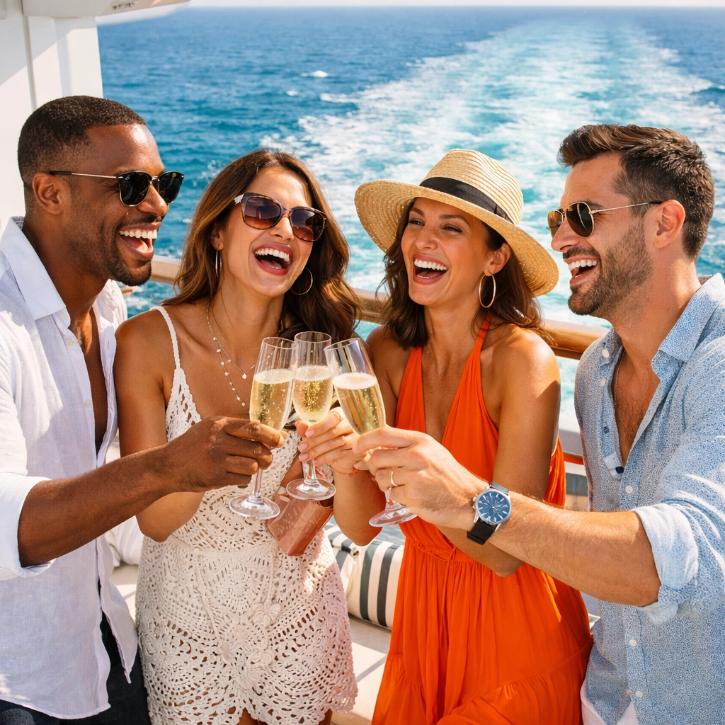 Friends celebrating on a private cruise balcony using group cruise booking perks.