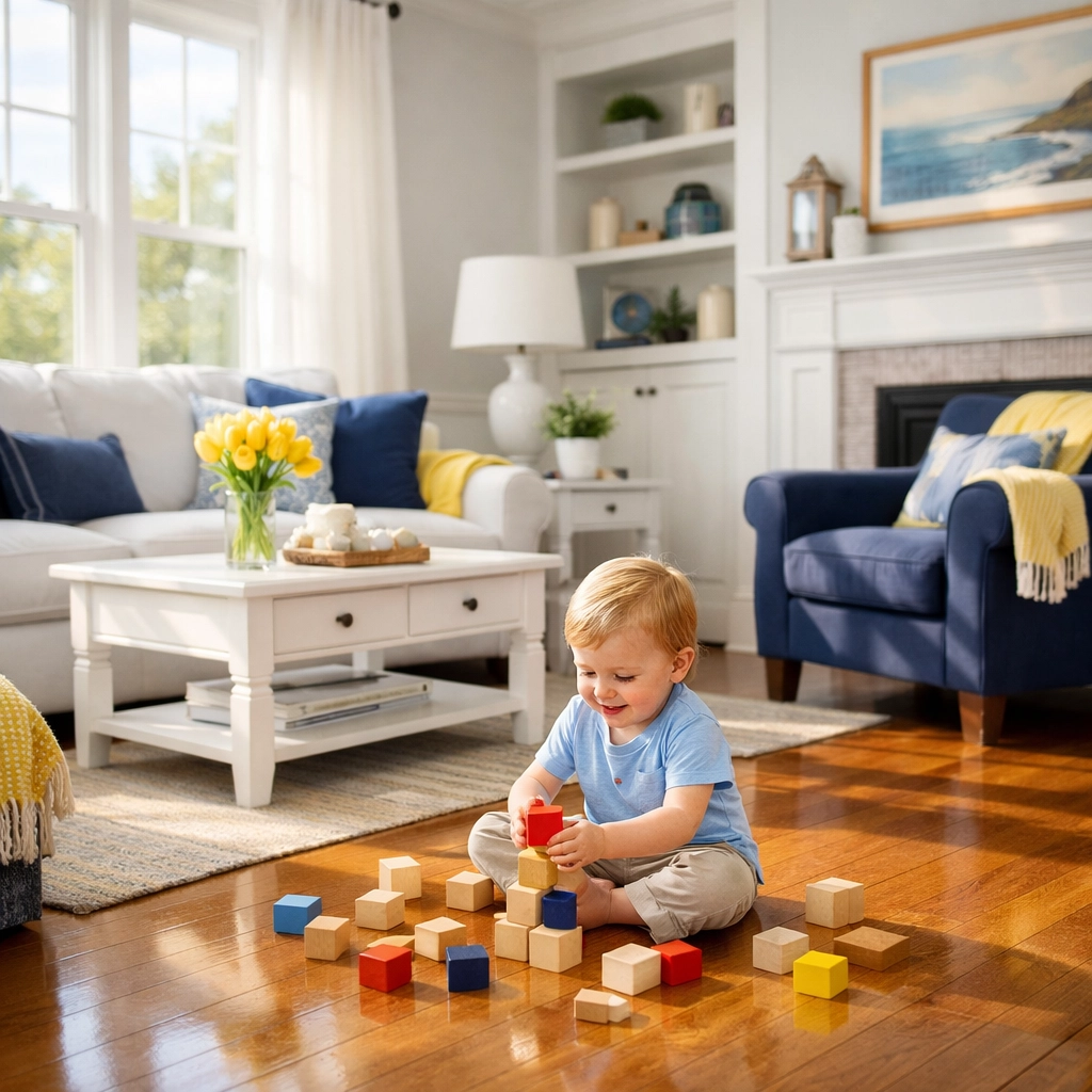 Toddler playing on a safe hardwood floor after eco-friendly house cleaning in Groton, MA.