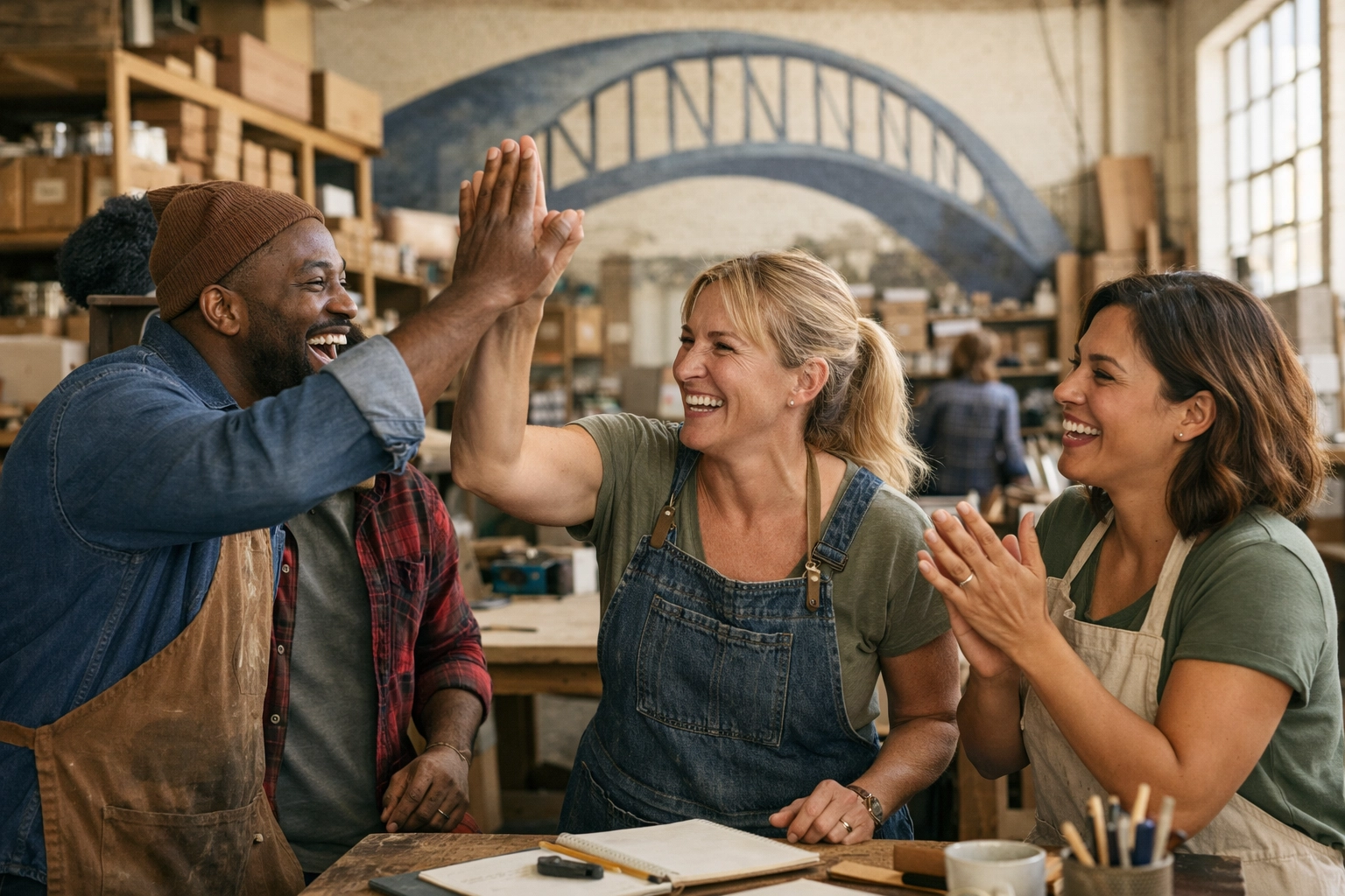 Small business team celebrating a Friday win in a bright workshop—momentum building toward the Growth Bridge.