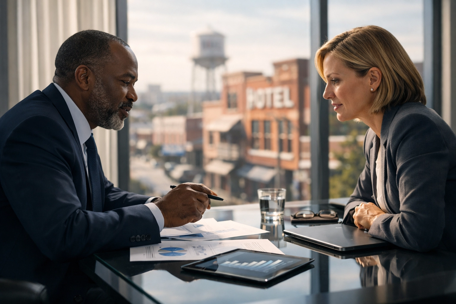 Mississippi business professionals in a boardroom discussing market trends and buyer expectations for a sale.