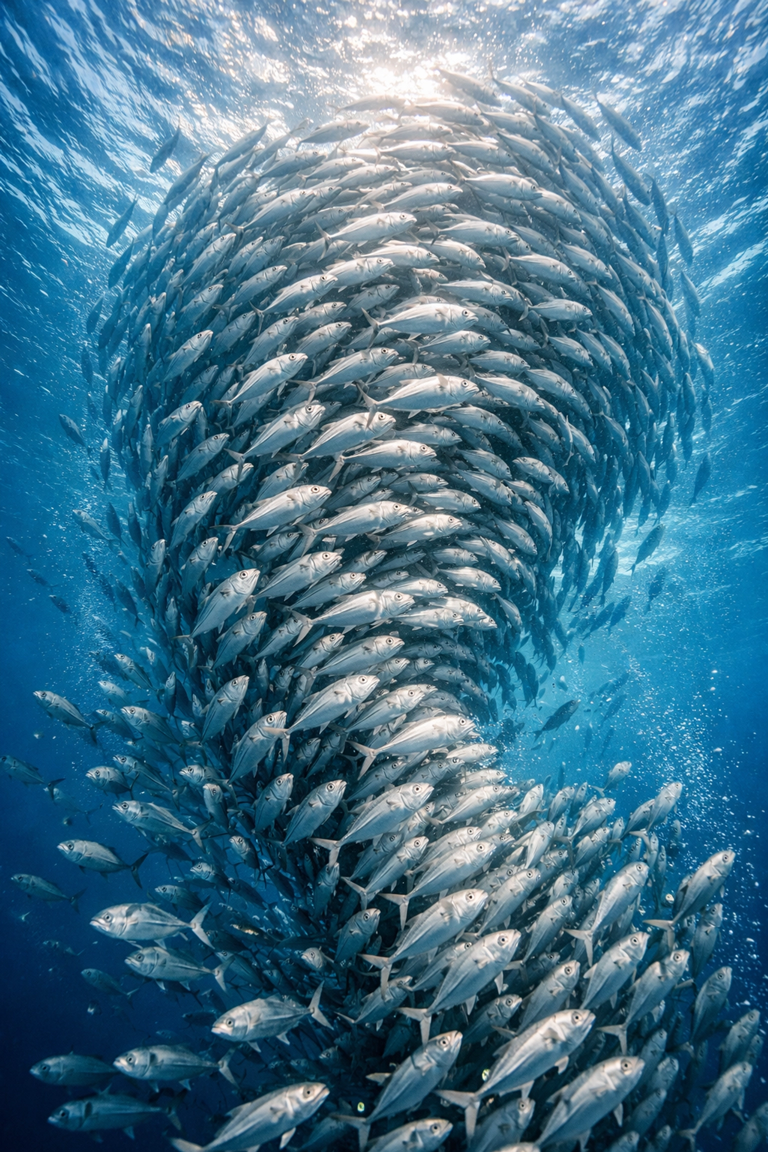 Dynamic school of silver jack fish swirling in a synchronized tornado for engaging aquarium marketing.