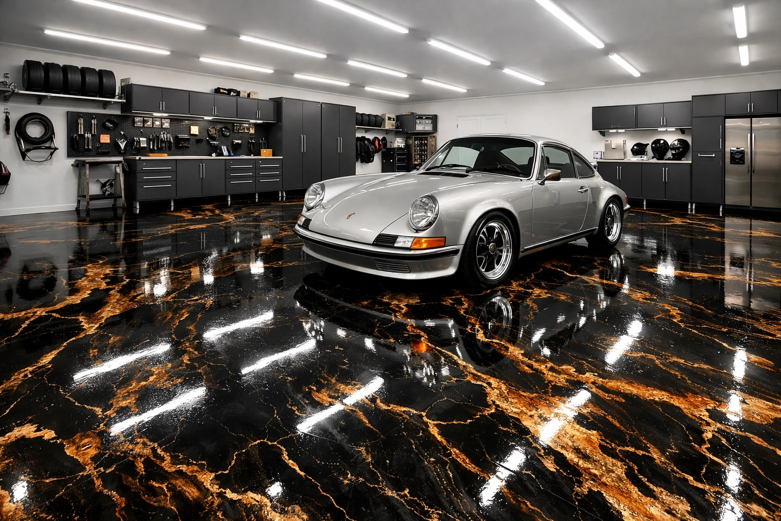 Luxury garage with marble effect metallic epoxy floor and classic car in Ridgeland MS