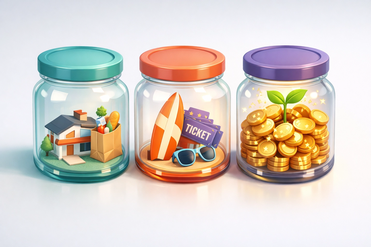 Three glass jars representing budget categories for needs, wants, and long-term savings goals.