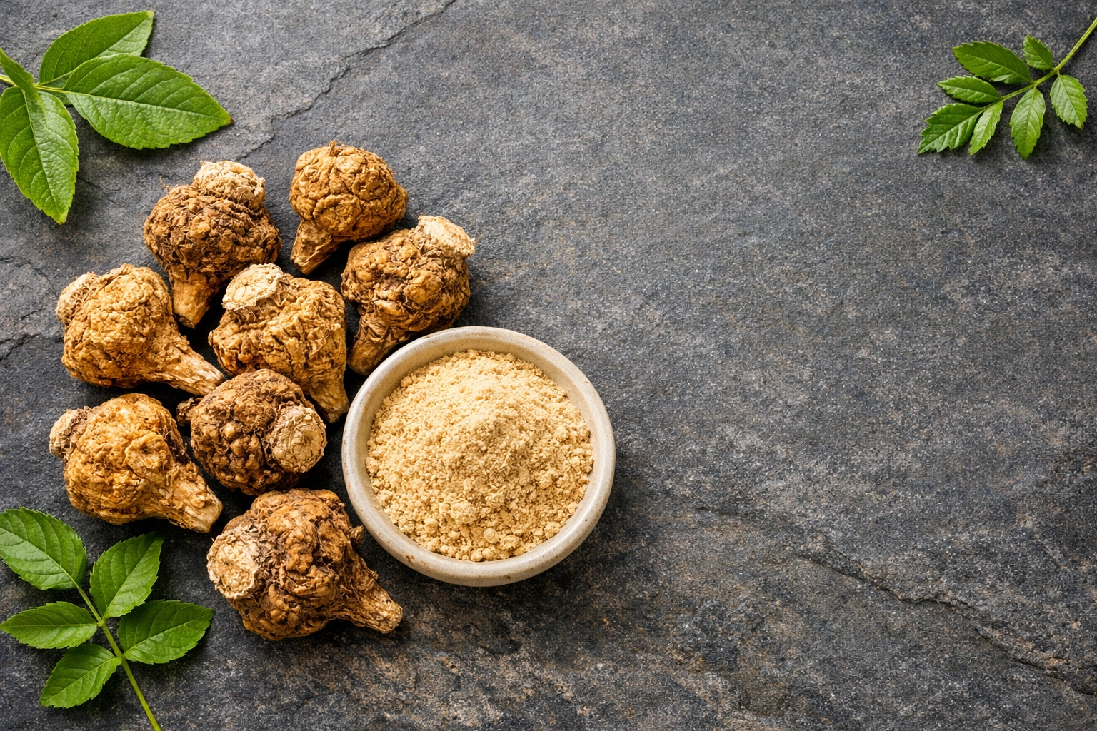 Dried maca root pieces and powder showing natural adaptogenic supplement origin