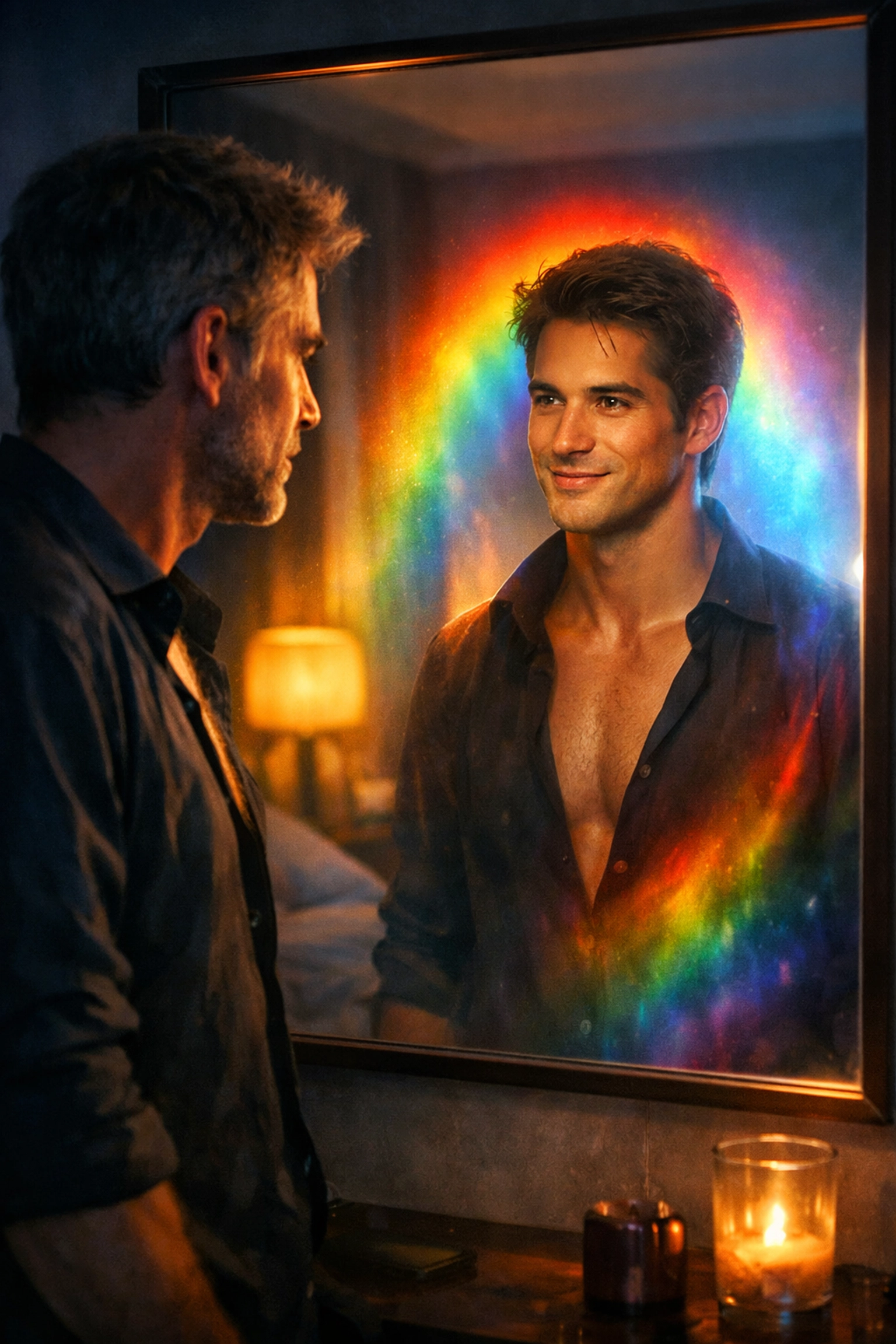 Middle-aged man discovering his true self in a mirror, a theme in bisexual awakening MM romance for adults.