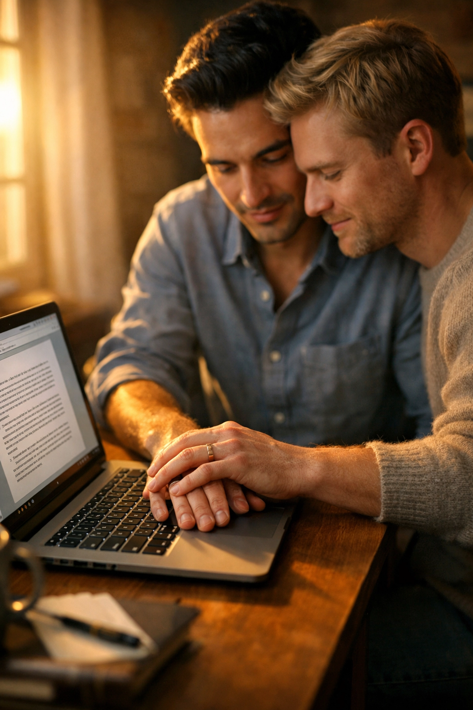 Two gay romance authors writing together, hands intertwined on laptop showing authentic LGBTQ+ love story